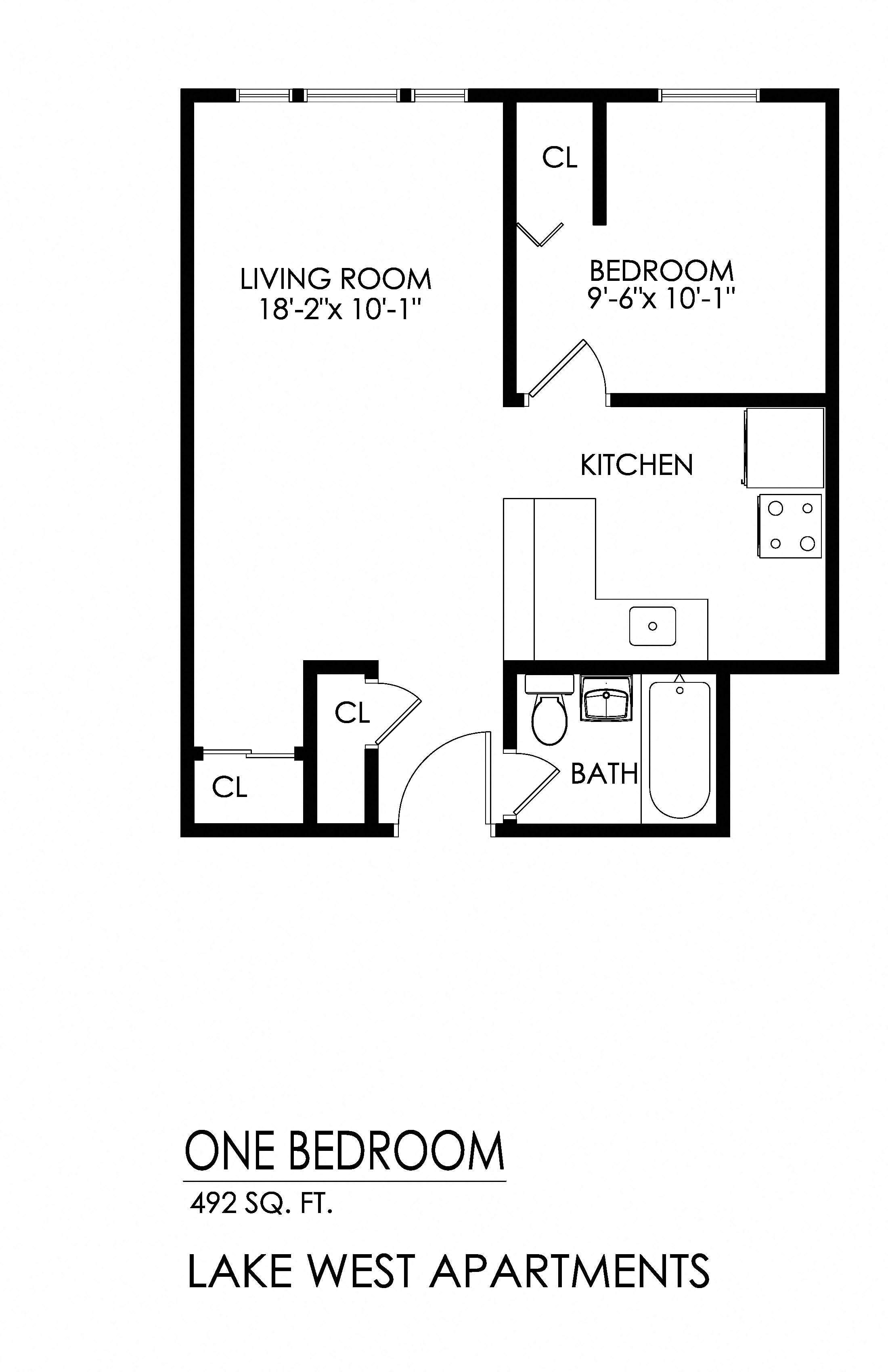 Floor plan for 1 bed, 1 bath, 591 sqft